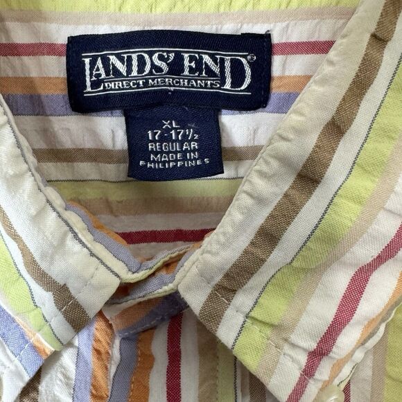 Vintage Lands End Mens XL 17-17.5 Colorful Striped Seersucker Button Down Shirt - Picture 8 of 9